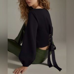 Anthropologie Maeve Black Balloon Sleeve Tie Back Corset Sweatshirt Top Sz M